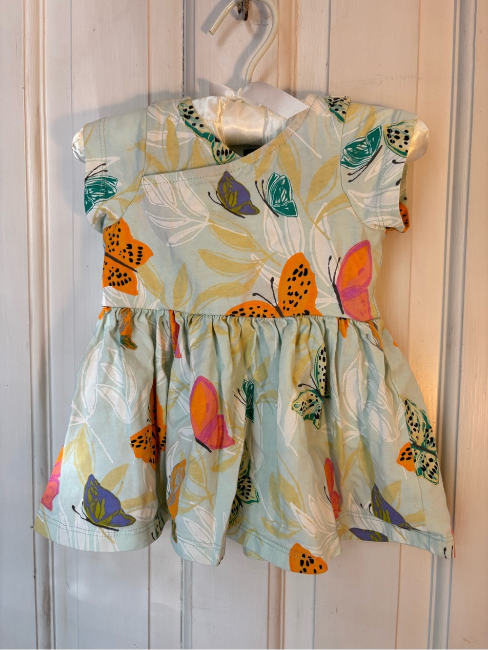 Tea Collection Mint Butterfly Print Casual Dress with Orange and Pink Accents
